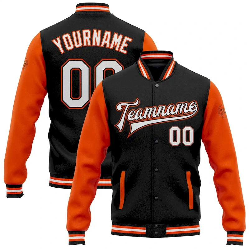 Jacket1619.webp Custom Black White-Orange Bomber Full-Snap Varsity Letterman Two Tone Jacket - Image 1